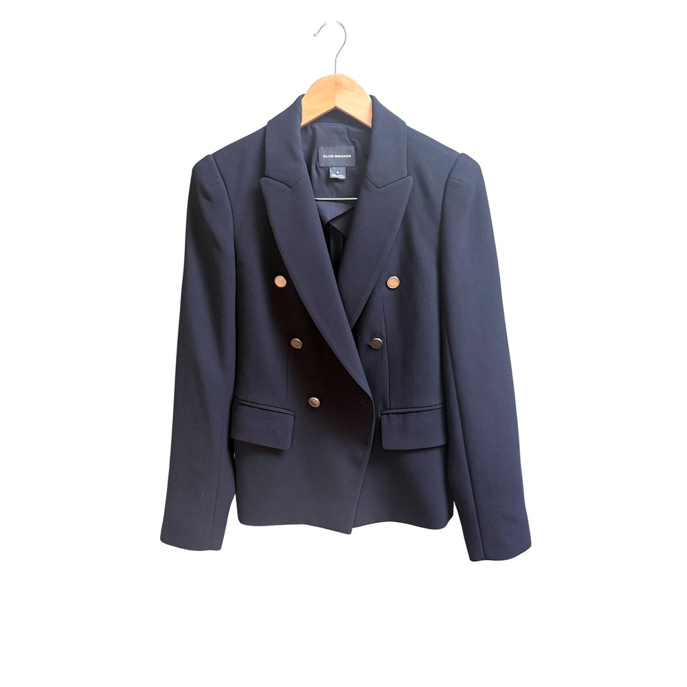 Club Monaco Double Breasted Blazer Black Gold Buttons Size 4 Dark Academia
